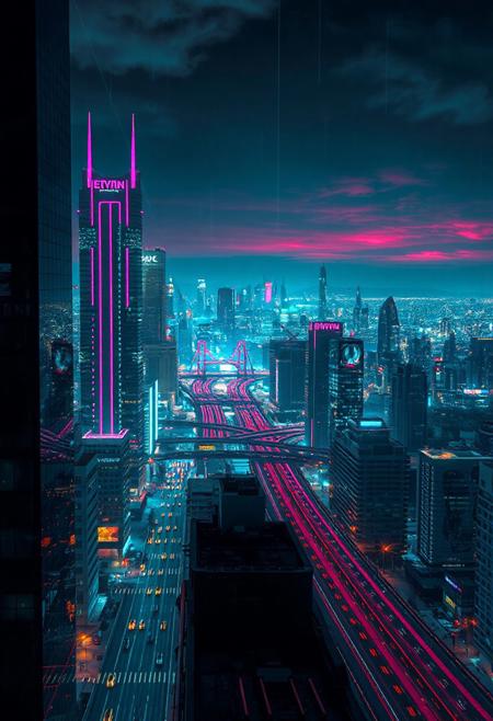 Digital city, megalopolis, future, retrowave, cyberpunk, neon, rooftop, city in the distance, highways, neon, lights,