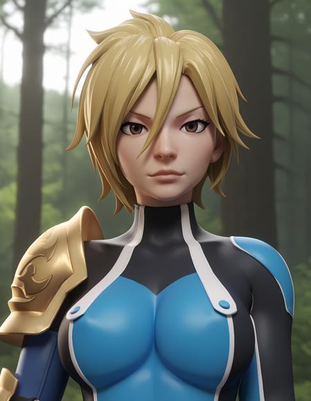 dimaria short hair, blonde hair, hair between eyes blue bodysuit, skin tight, pauldron, blue knee boots armor, cleavage, black and red striped pants, strapless, bare shoulders, sandals