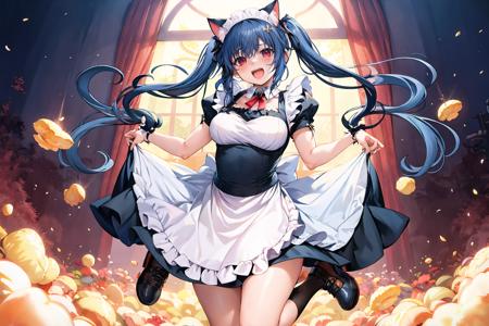 masterpiece, 1girl,  cat ears, cat tail, cat girl, maid dress, maid apron, maid tiara, jumping, happy,  blue hair, red eyes,  hands up, long hair, absurdly long hair, twintails, <lora:Marushin-Style-v1.1:1>