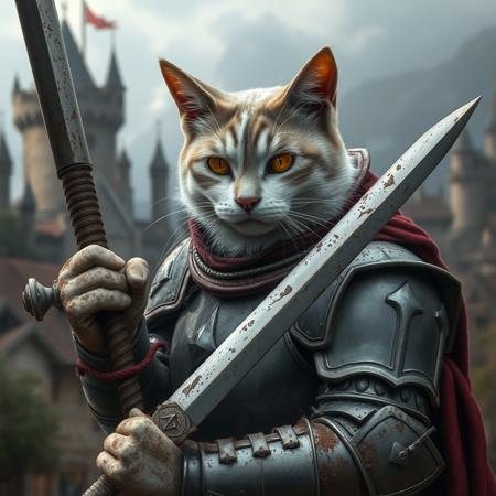 Ultra realistic. white grey brown cat with a damaged knight shite armor holding a long sword, tired, bruises, dusty, mud, shining eyes, protecting a town, background castle