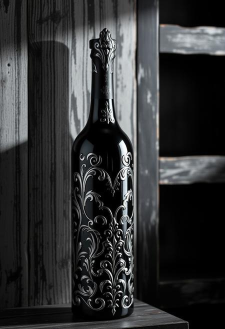 A Highly Detailed And Intricately Designed Black And Silver Wine Bottle Surrounded By A Shadowy Black White And Gray Weathered Shelf Background