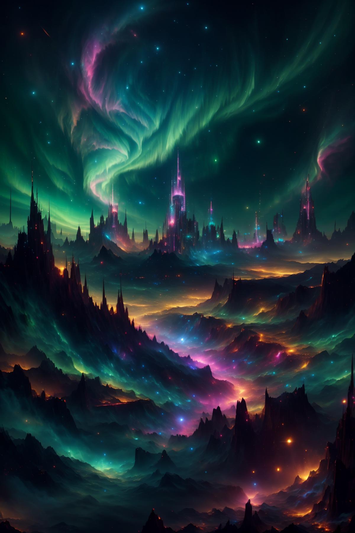 A vivid digital painting of a neon green and purple sky with a fantastical cityscape and mountains.