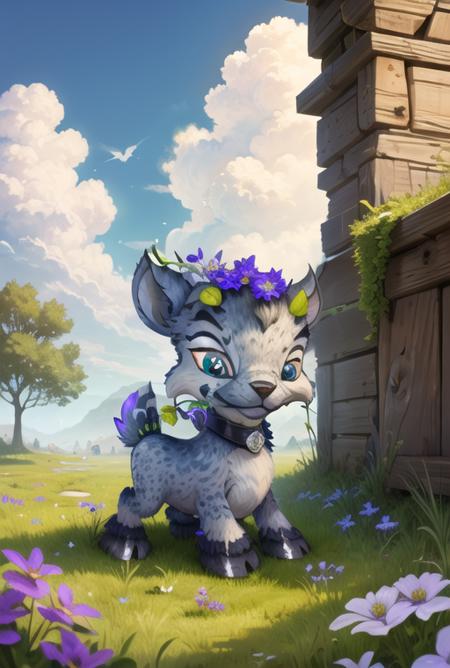 (masterpiece, best quality, highly detailed:1.0), ixi, <lora:Ixi:0.70>, montana, streams, clouds, bluish sky, few flowers, grazing, goat eating grass,black fur, white spots, bright violet eyes