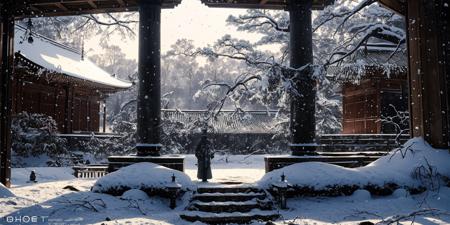 DMD, scene, scenery, snow, tree, outdoors, architecture, east asian architecture, stone lantern, stairs, bare tree, lantern, snowing, statue,