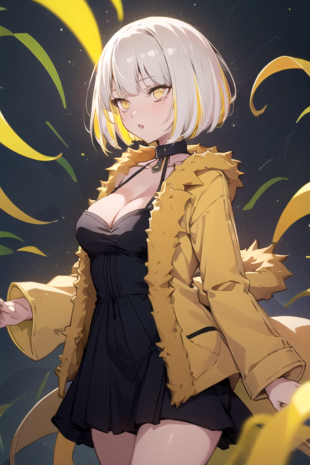 HasturMerry, 1girl, solo, short hair, blonde hair, grey hair, streaked hair, long sleeves, black dress, cleavage, medium breasts, yellow eyes, black choker, yellow coat, fur trim, short dress, bob cut, open coat, 