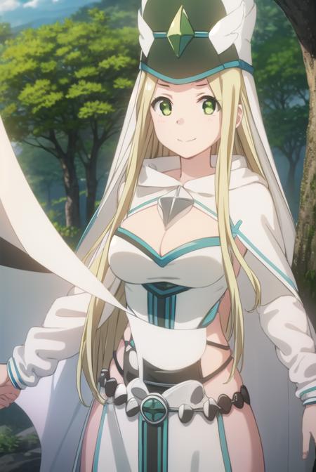 bofurimisery, <lora:bofuri misery s2-lora-nochekaiser:1>,
misery, long hair, blonde hair, (green eyes:1.5), smile,
BREAK hat, cleavage, cape, white cape, dress, white dress, long sleeves,
BREAK outdoors, forest, nature, sky, sun, clouds,
BREAK looking at viewer,
BREAK <lyco:GoodHands-beta2:1>, (masterpiece:1.2), best quality, high resolution, unity 8k wallpaper, (illustration:0.8), (beautiful detailed eyes:1.6), extremely detailed face, perfect lighting, extremely detailed CG, (perfect hands, perfect anatomy),