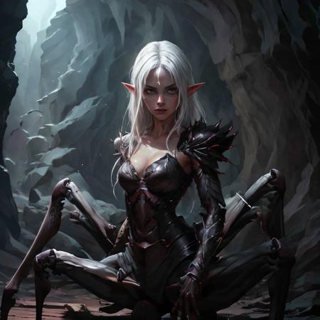 highly detailed photo of a (drider):1.1 in a cave,
1girl, solo:1.2, no humans, 
(spider legs, arthropod limbs, multiple legs):1.3,

long hair, holding, sword,
white hair, armor, 
breasts, cleavage, spikes,

looking at viewer,
elven female face, arachnid body has spider legs,

realistic:1.0, depth of field, blurry, blurry background,

light and dark,
silhouette lighting,
best quality, intricate details,
photorealistic:1.1, 
professional lighting:1.1,







