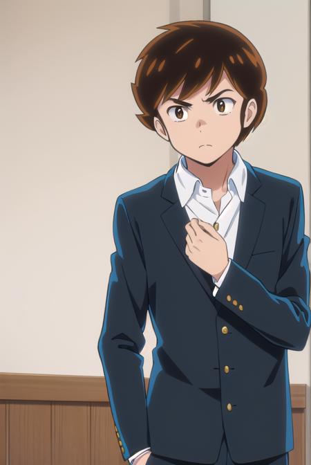 atarumoroboshi, <lora:ataru moroboshi s1-lora-nochekaiser:1>,
ataru moroboshi, brown hair, male focus, (brown eyes:1.5),
BREAK shirt, school uniform, white shirt, collared shirt, pants, black pants, sneakers, gakuran,
BREAK indoors, classroom,
BREAK looking at viewer, (cowboy shot:1.5),
BREAK <lyco:GoodHands-beta2:1>, (masterpiece:1.2), best quality, high resolution, unity 8k wallpaper, (illustration:0.8), (beautiful detailed eyes:1.6), extremely detailed face, perfect lighting, extremely detailed CG, (perfect hands, perfect anatomy),