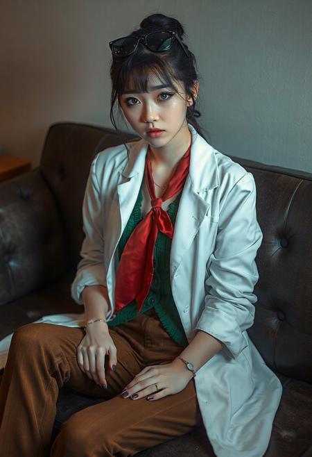 DLSR photograph, slender, beautiful  26 year old korean model . Pale skin, 
lighting<lora:MoriiMee_Gothic_Niji_Style_FLUX:0.3500000000000001> <lora:AsirAsianPhotographyflux:0.7000000000000002>
score_9, score_8_up, score_7_up, source_anime, solo, 1girl, ema skye, annoyed expression, rolling eyes, looking at viewer, sitting, couch, half updo, sunglasses, eyewear on head, white lab coat, sleeves rolled up, green vest, red neckerchief, brown pants, blue eyes, indoors, living room