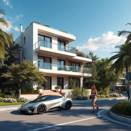 modern building in a city land, there are balcony, terrace, logge, porch, luxuriant vegetation around, some street with two futuristic car, two girl in first plane of view, photorealist, masterpiece, 4k, high details, background a sunny day, some people very happy. The proportions of the objects are perfect