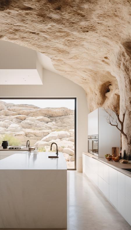 award winning interior photo, photograph, ultra photorealistic, photorealism, film still of inside a modern white spacious (kitchen in a smooth stone cave:1.25), smooth shading, desert, daylight, bright colors, hyper realistic, modern, surreal, lights, minimalistic studio architecture, behance, halation, bloom, dramatic atmosphere, rule of thirds, 8k uhd, dslr, high quality, film grain, Fuji Superia X-TRA 400