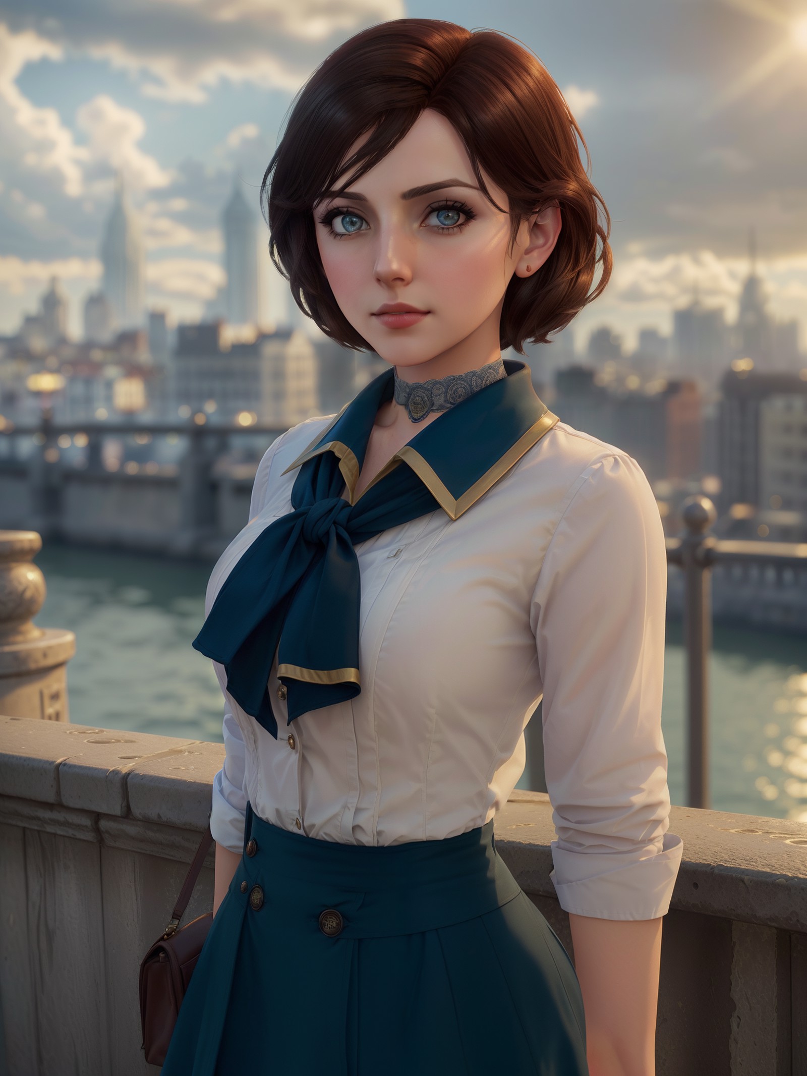 close up of bioshockelizabeth standing in front of a city, cute face, dramatic lighting, bright weather, wallpaper, intric...