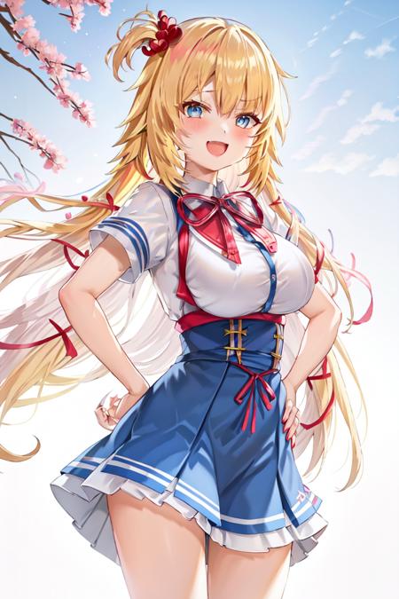 1girl, akai haato, outdoors, park, long hair, breasts, blonde hair, solo, virtual youtuber, large breasts, heart, one side up, smile, open mouth, very long hair, ribbon, hair ornament, heart hair ornament, blush, skirt, hand on hip, shirt, looking at viewer, short sleeves, bangs, blue eyes, :d, blue skirt, hair ribbon, white shirt, red ribbon, nail polish, fang, high-waist skirt, neck ribbon, red nails, collared shirt, hand up, skin fang,  <lora:Haachama_V2.1:0.7>