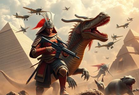 realistic, good definition, A Samurai with red armor holding  a machine gun fighting against dinosaurs in the pyramids of egypt flying in a chinese dragon with english wwii airplanes aztec warriors giant mechas and cats