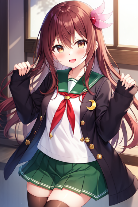 kisaragi, 1girl, solo, serafuku, smile, open mouth, crescent pin, blush, looking at viewer, pleated skirt, black thighhighs, red neckerchief, jacket, green skirt, brown eyes, long sleeves, hair between eyes, green sailor collar, long sleeves