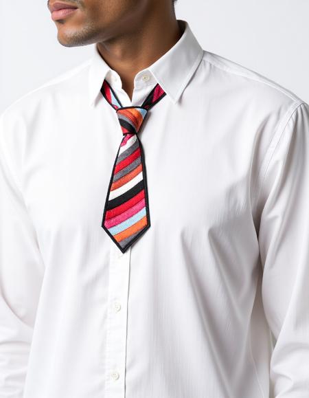 aplqueCE_style. a man wearing a white shirt with a striped applique of a necktie in the middle.
