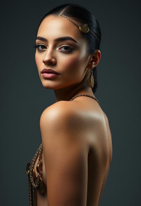 symmetrical front view, beautiful woman with her left bare shoulder covered with jewelry made with coins and chains, grey background studio