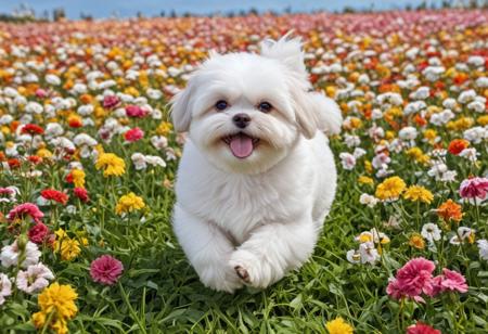 Masterpiece, highres. Highly detailed. Close-up photo of white  shih tzu puppy running through field of colorful flowers, fluffy fur, huge flowers, big eyes. cute, happy, joy. The sun is shining. Blue sky with fluffy clouds. aidmaMJ6.1