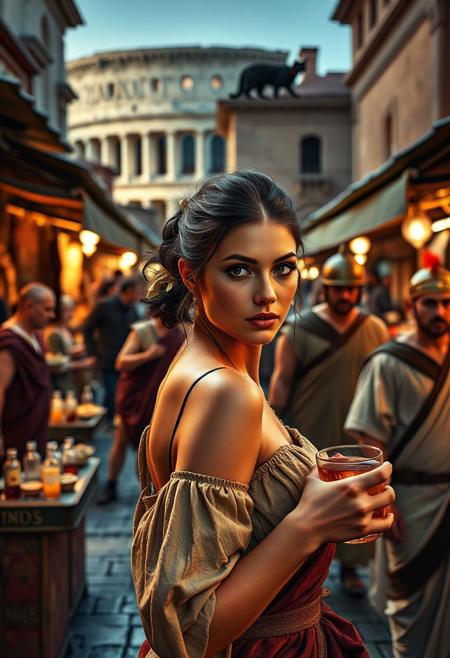 Setting is a 1st century Roman Empire market in Rome at night, the market is comprised of street vendors selling, food, weapons, and clothing. Everyone and everything in the image is appropriate for a scene from Ancient Rome, People wearing Roman clothing are walking through the street market shopping and eating, in the foreground is a merchant selling beverages and food at a market kiosk, (((a beautiful woman, 24 years old is standing in the foreground, the woman  facing the viewer with a cup of alcohol beverage in her hand. Her eyes are beautiful and focused on the viewer, she has an expression of interested curiosity))), Roman Soldiers are walking behind the beautiful woman, one of the solders turns to look at the beautiful woman, many people are walking by in the busy street market, the woman is dressed in high fashion Roman Empire clothing with an alluringly sexual, but traditional roman aesthetic. The woman's hair is elegantly tied up with a ribbon. Artistic ancient Roman aesthetic, dynamic perspective, (((overall architectural aesthetic is Ancient Rome in 1st Century Roman Empire era))).  Epic image that elicits a feeling of wonder and awe, Rome Coliseum Roman Forum architecture in background, a sleek black cat with red collar is visible sitting on a kiosk roof in the background,