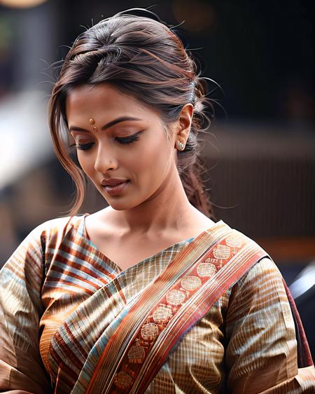 photo of a riya woman in a dynamic pose wearing elegant high-neck Kalamkari Dress (hand-painted fabric) looking at camera with Raised chin with closed eyes in pride expression, film grain, perfect eyes, at a asteroid beautiful bokeh <lora:riya_Riya_Sen_SD15_LoRA_adafactor_local:1>