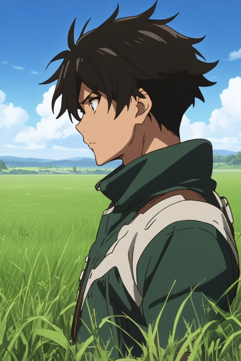 anime screencap,1boy,sky,grass field,profile, upper body,