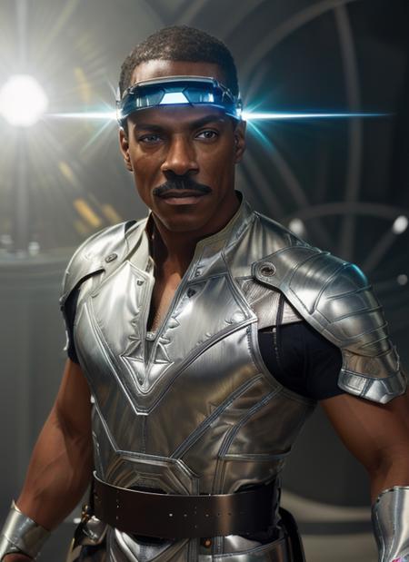 em1, man, one man, mustache, man wearing (("Futuristic tunic with metallic accents, glowing energy belt, light-up visor, holographic gloves, sleek metallic sandals")), masculine, photorealistic painting,  portrait, stunningly attractive(extremely detailed 8k wallpaper), highly detailed face, intricate, 8k, highly detailed, volumetric lighting, digital painting, intense, sharp focus, art by artgerm and rutkowski and alphonse mucha, cgsociety,  vibrant, dynamic atmosphere, photorealistic,
 <lora:EddieMurphy:1>