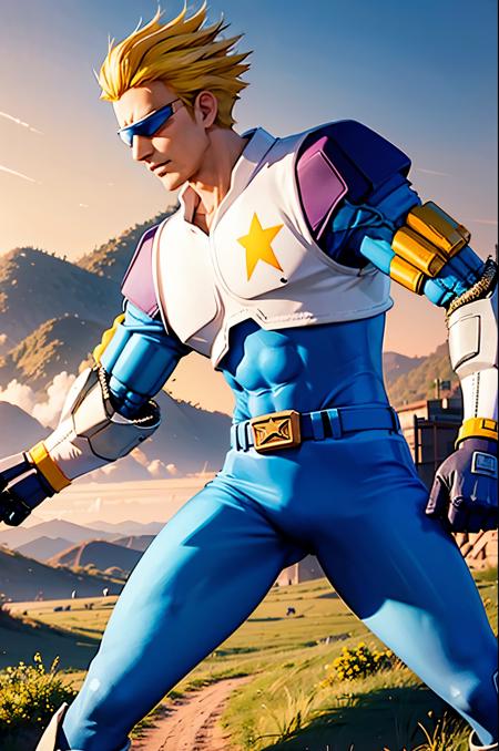captain, armor, spiked hair, short hair, mechanical arms, power lines, blue gloves, gauntlets, 1boy, male focus, blonde hair, sunglasses, closed mouth, star \(symbol\), boots, belt, pants, star print, blue pants, gloves