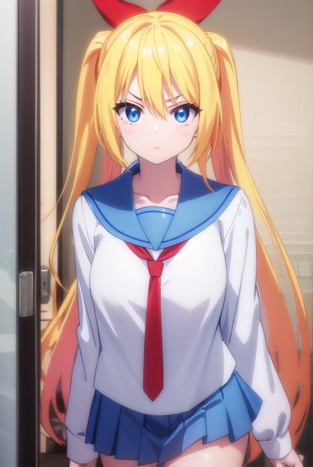 chitogekirisaki, <lora:chitoge kirisaki s2-lora-nochekaiser:1>,
chitoge kirisaki, long hair, blue eyes, blonde hair, ribbon, hair between eyes, very long hair, hair ribbon, multicolored hair, red ribbon, gradient hair, angry, frown,
BREAK skirt, shirt, thighhighs, school uniform, collarbone, white shirt, pleated skirt, necktie, serafuku, sailor collar, red ribbon, blue skirt, blue sailor collar,
BREAK indoors, classroom,
BREAK looking at viewer, (cowboy shot:1.5),
BREAK <lyco:GoodHands-beta2:1>, (masterpiece:1.2), best quality, high resolution, unity 8k wallpaper, (illustration:0.8), (beautiful detailed eyes:1.6), extremely detailed face, perfect lighting, extremely detailed CG, (perfect hands, perfect anatomy),