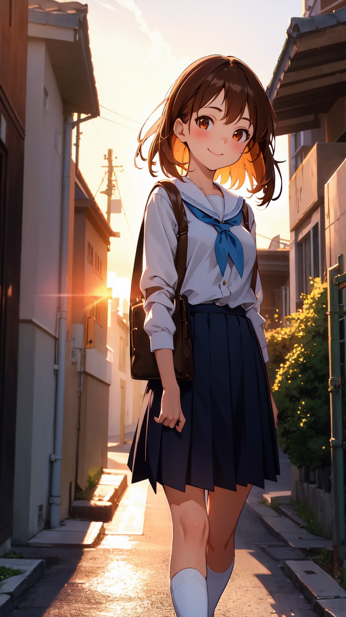 (ultra detailed,ultra high res,detailed background),alley,1girl,white school uniform,sideways,brown hair,hair over shoulde...