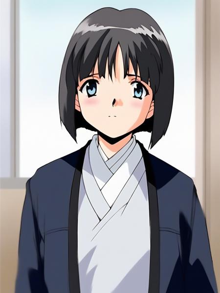 ShiroganeYuki, short hair, bob cut, black hair, light blue eyes,  bangs,