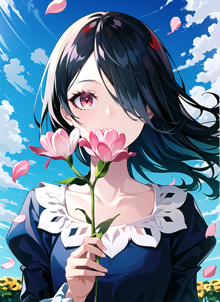 lam \(ramdayo\), 1girl, blue shirt, blue sky, cloud, collarbone, flower, hair over one eye, holding, holding flower, juliet sleeves, long sleeves, looking at viewer, parted lips, petals, puffy sleeves, red eyes, red flower, shirt, sky, solo, swept bangs, upper body, ((masterpiece)) <lora:lam__ramdayo__offset:1>