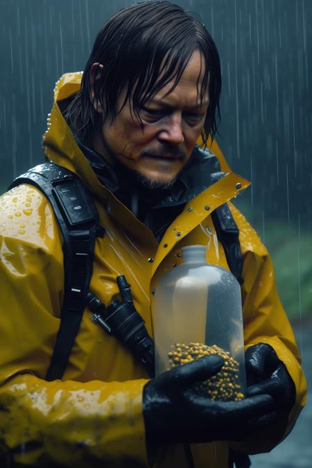 <lora:Death Stranding:1>Death Stranding - death stranding Norman Reedus holding BB in the rain attached to chest cinematic ultra hd