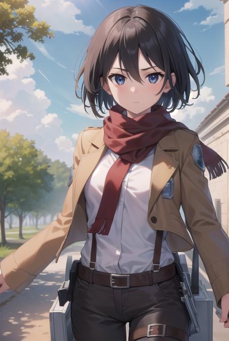 mikasaackerman, <lora:mikasa ackerman-lora-nochekaiser:1>, 
mikasa ackerman, black hair, (black eyes:1.5), hair between eyes, short hair,
BREAK belt, brown jacket, dress shirt, jacket, open clothes, open jacket, pants, paradis military uniform, red scarf, scarf, shirt, strap gap, thigh strap, three-dimensional maneuver gear, white pants, white shirt,
BREAK outdoors, village, nature, forest, grass, sun, sky, trees, clouds,
BREAK looking at viewer, (cowboy shot:1.5),
BREAK <lyco:GoodHands-beta2:1>, (masterpiece:1.2), best quality, high resolution, unity 8k wallpaper, (illustration:0.8), (beautiful detailed eyes:1.6), extremely detailed face, perfect lighting, extremely detailed CG, (perfect hands, perfect anatomy),