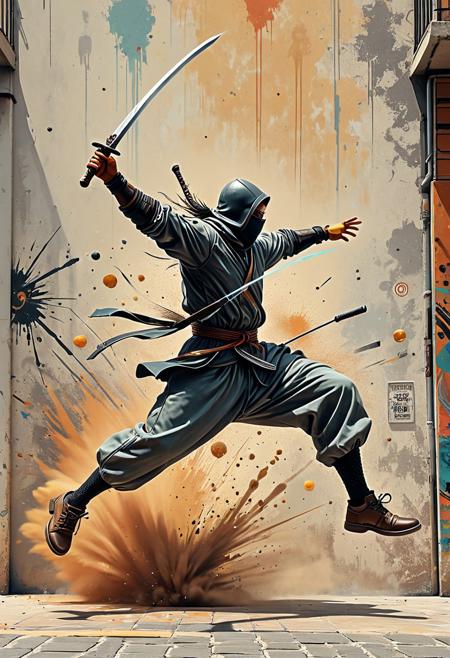 A swordsman dodging a strike in midair, their motion fluid and exaggerated, blending painterly realism with high-energy sketch lines, ,contemporary street art, octane rendering, dusty, simple aesthetic, artistic flair, minimalist design, social commentary, urban environment, surrealism, detailed composition, captivating atmosphere, layered textures, muted colors, street art