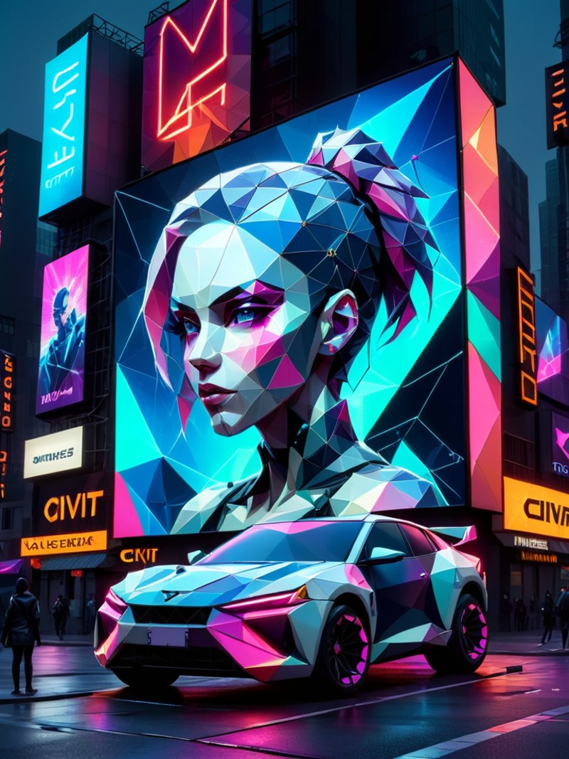 civit logo with female cyberpunk made of ral-polygon <lora:ral-polygon-sdxl:1> on billboard screen on a cyberpunk timesqua...