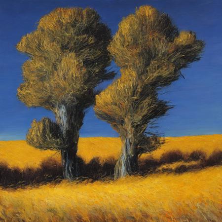 A vibrant field of golden wheat swaying under a tempestuous sky painted with broad, impulsive strokes. A lone cypress tree stands tall, its dark silhouette contrasting against the fiery horizon, Thick, impasto oil on canvas