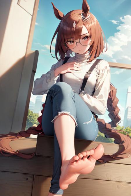 masterpiece, best quality, 
ikuno dictus \(umamusume\), 
foot focus, sitting, barefoot, from below, crossed legs,
round eyewear, long sleeves, turtleneck shirt, white shirt, ribbed shirt, suspenders, shirt stuck in pants, blue pants, jeans, denim 
<lora:ikuno_dictus_loha:0.7>