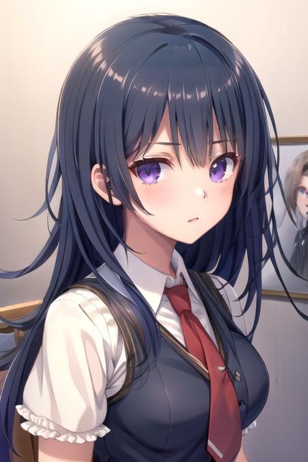 ((masterpiece)),(best quality),official art,extremely detailed CG,unity 8k wallpaper,ultra detailed,beautiful detailed eyes,extremely detailed face,1girl,solo,upper body,(portrait:1.5),looking at viewer,facing viewer,long hair,black hair,hair between eyes,bangs,purple eyes,school uniform,blue vest,collared vest,red necktie,collared shirt,white shirt,puffy short sleeves,medium breasts,miniskirt,white skirt,pleated skirt,frills,white socks,loafers,<lora:Kozeki Momoko(rk)>,