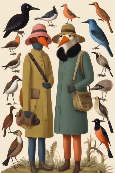 <lora:Mark Catesby Style:1>Mark Catesby Style - Birdwatchers. The central characters of this documentary are birdwatchers in search of some of the rarest birds on the planet. Inspired by designer Amelia Hywel-Jones