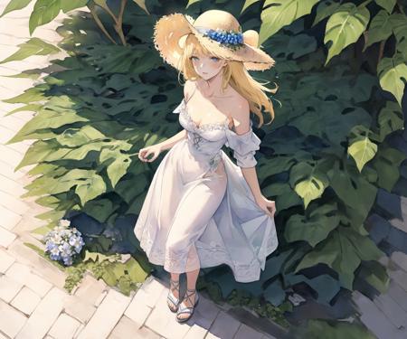 cohesive background, 1girl, dress, hat, solo, flower, outdoors, standing, sandals, bangs, plant, shop, (dappled sunlight:1.5), storefront, bow, breasts, collarbone, long hair, straw hat, looking at viewer, summer white dress, bare shoulders, sun hat, full body, white jacket, off shoulder, blue flower, frilled dress, sleeveless dress, open clothes, nature, (forest:1.3)