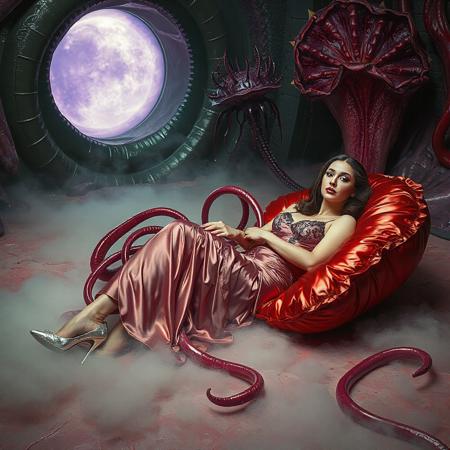 classy rich slender elegant russian baroness in glossy liquid satin provocative rich 1950s nightgown with lace inserts   and  glossy high heels, entangled in long tentacles, laying  reclined in weird red foil pillows, covered with giant ultrathin transparent glossy slime veils,   giant portal to outer space, fog from the floor, giant purple alien carnivorous flower with glossy spiked petals at background, weird alien hive slime walls and fleshy floor, horror, fashion look, hollywood, vogue makeup, long haired, ultrathin waisym reminiscent of H.R. Giger, Zdzisław Beksinski, and Ash Thorp's dark, sleek styles, with close-up glamour photography, glossy satin and silver heels glistening, fleshy slime dripping, and dark shadows.
