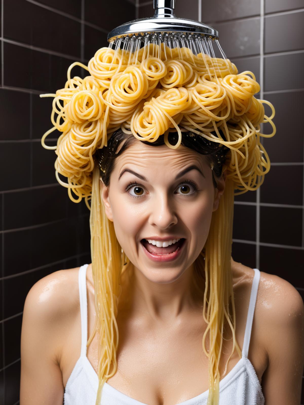 A woman with curly hair wearing a noodle crown and smiling.