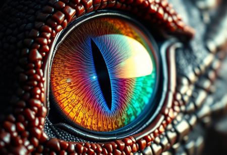 Extreme macro closeup of a massive dragon's head filling the entire frame. The focus is on the eye which is huge with a vertical slit pupil that reflects like polished obsidian. The iris displays vibrant rainbow colors - deep crimson at the inner ring transitioning through orange, golden yellow, emerald green, sapphire blue, and violet at the outer edge, with intricate crystalline patterns and ancient wisdom gleaming within. The eye's surface has a subtle reptilian texture with fine scales around the edges. The lighting should be dramatic with the iris colors casting prismatic reflections, and the overall mood should convey the awe-inspiring, terrifying scale of the dragon. Ultra-detailed, photorealistic rendering with shallow depth of field emphasizing the eye's immense size.