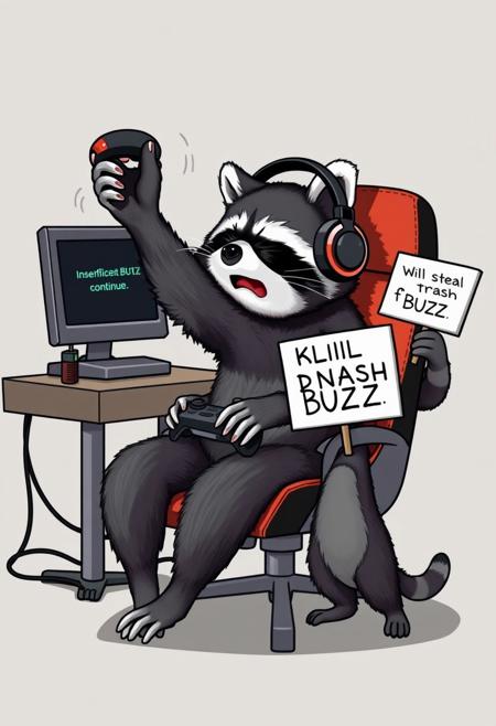 Gamer Raccoon in Despair – A raccoon in a gaming chair with headphones throws his controller in frustration. His screen says, "Insufficient BUZZ to continue." He slams his paws on the desk, while his raccoon friend holds a sign: "Will steal trash for BUZZ."