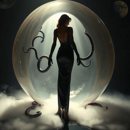 noble norvegian femme fatal lady  standing struggling with  tentacles holding her and pulling her inside  hole in giant transparent slime egg,  wearing evening GLOSSY THIN black slime live tentacles gown, GLOVES  and high heels, , surrounded by  weird fog from the floor, captured in light beam from celling,  alien breeding chamber,  , portholes to outer space,  ultrathin waisT, HORROR,  reminiscent of H.R. Giger, Zdzisław Beksinski, and Ash Thorp's dark, sleek styles, with close-up glamour photography, glossy satin and silver heels glistening, fleshy slime dripping, and dark shadows.view from behind.