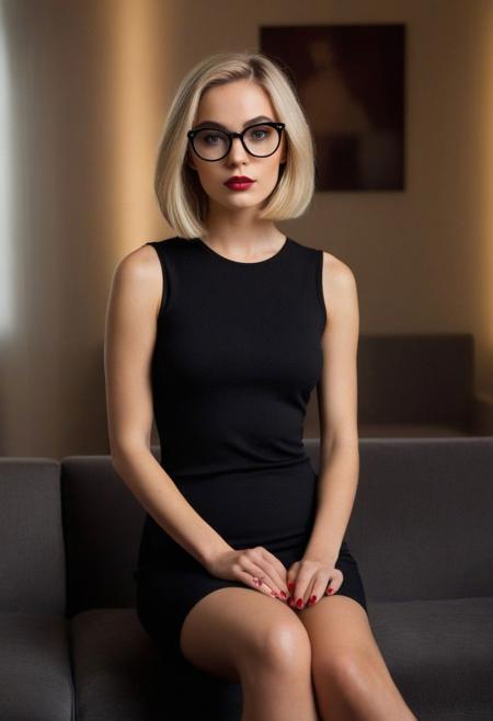 (full body), (wide shot). 1 girl.
Beautiful woman wearing a 
form-fitting, ribbed, midi-length tank dress with a scoop neckline. The dress is sleeveless, 
no bra, slender posture, model pose, great legs, fancy stiletto heels, large thin framed round glasses, blonde, analog photograph, professional fashion photoshoot, detailed vintage 60s living room, hyperrealistic, masterpiece, trending on artstation,krrrsty, , highly detailed, dry skin, ((skin pores)), seductive expression, needy expression, lustful eyes, pouting mouth, skin texture, soft light, ((side light)), black fabric, high fashion, model, vogue, 8k, contrast, detailed skin, minimalistic, sharp. 8k uhd, dslr, soft lighting, film grain, Fujifilm XT3
Low camera shot. (Low perspective shot). film grain. grainy. Sony A7III.
Aligned eyes,  Iridescent Eyes,  (blush,  eye_wrinkles:0.6),  (goosebumps:0.5),  subsurface scattering,  ((skin pores)),  detailed skin texture,  textured skin,  realistic dull skin noise,  visible skin detail,  skin fuzz,  dry skin,  hyperdetailed face,  sharp picture,  sharp detailed,  analog grainy photo vintage,  Rembrandt lighting,  ultra focus,  illuminated face,  detailed face,  8k resolution,photo r3al