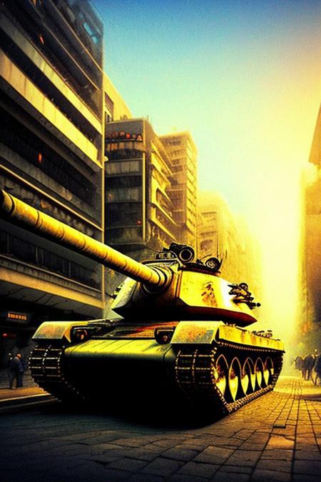 tank, 1tank. Dark foggy background, full view, red lights., city street. street lights, close view.