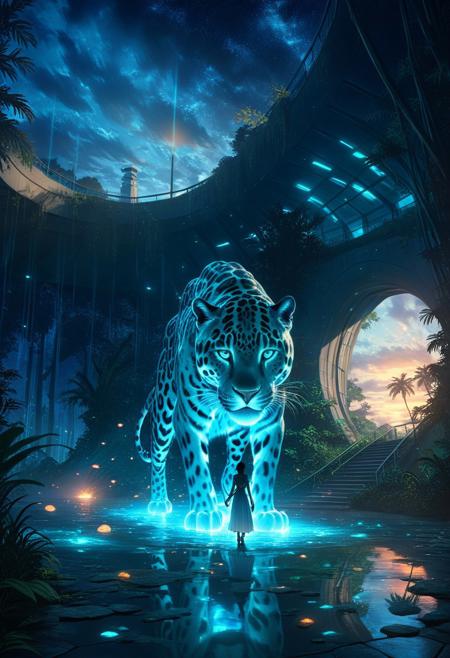 Bioluminescent hyperrealism,  at night, closeup shot, woman  in long and transluscent dress, stroking giant sleek feline creature jaguar like illuminated from inside by the vital source of incandescent light, sleek ivory cybernetic architecture looming over the jungle , organic shapes and water flows everywhere  ethereal landscapes, dynamic light, depth of field, biotech emotion; PEAnimeBG sunset, Background, anime, sunset  scenery