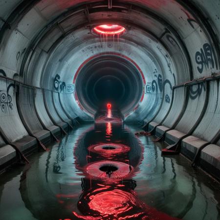 a massive circular sewer chamber with concentric walkways, broken grates dripping black water, graffiti faded across the moldy concrete, tunnel mouths yawning like blind eyes, faint red emergency light flickering across the sludge pool, sewer tunnel, creepy, dirty, reflection
