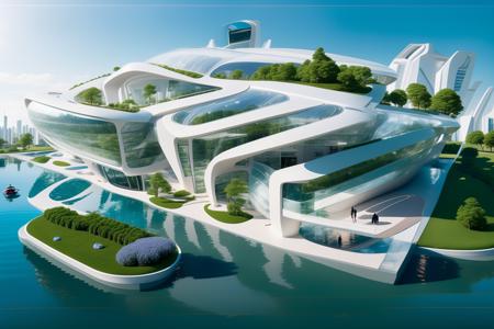 (masterpiece),(high quality), best quality, real,(realistic), super detailed, (full detail),(4k),8k,scenery, sky, outdoors, day, building, water, blue sky, river, boat, reflection, flower,tree,bush,grass, aircraft, 
((Futurism)),  Building,
 <lora:JJsFuturismBuilding:1>